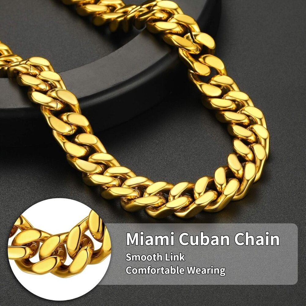 Gold/18K 14 mm width Plated Miami Cuban Chain Necklace | Stainless Steel Men - Picture 3 of 7